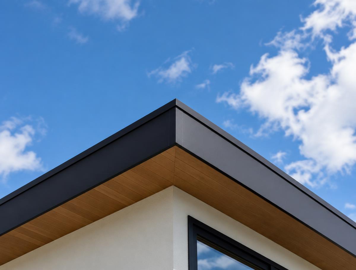 Roofline corner with matte black fascia against blue sky