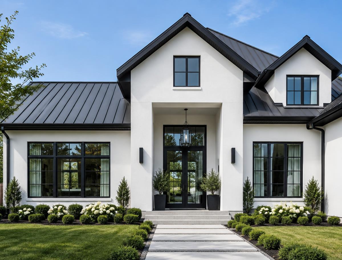 White home with black metal roof and black soffit and fascia