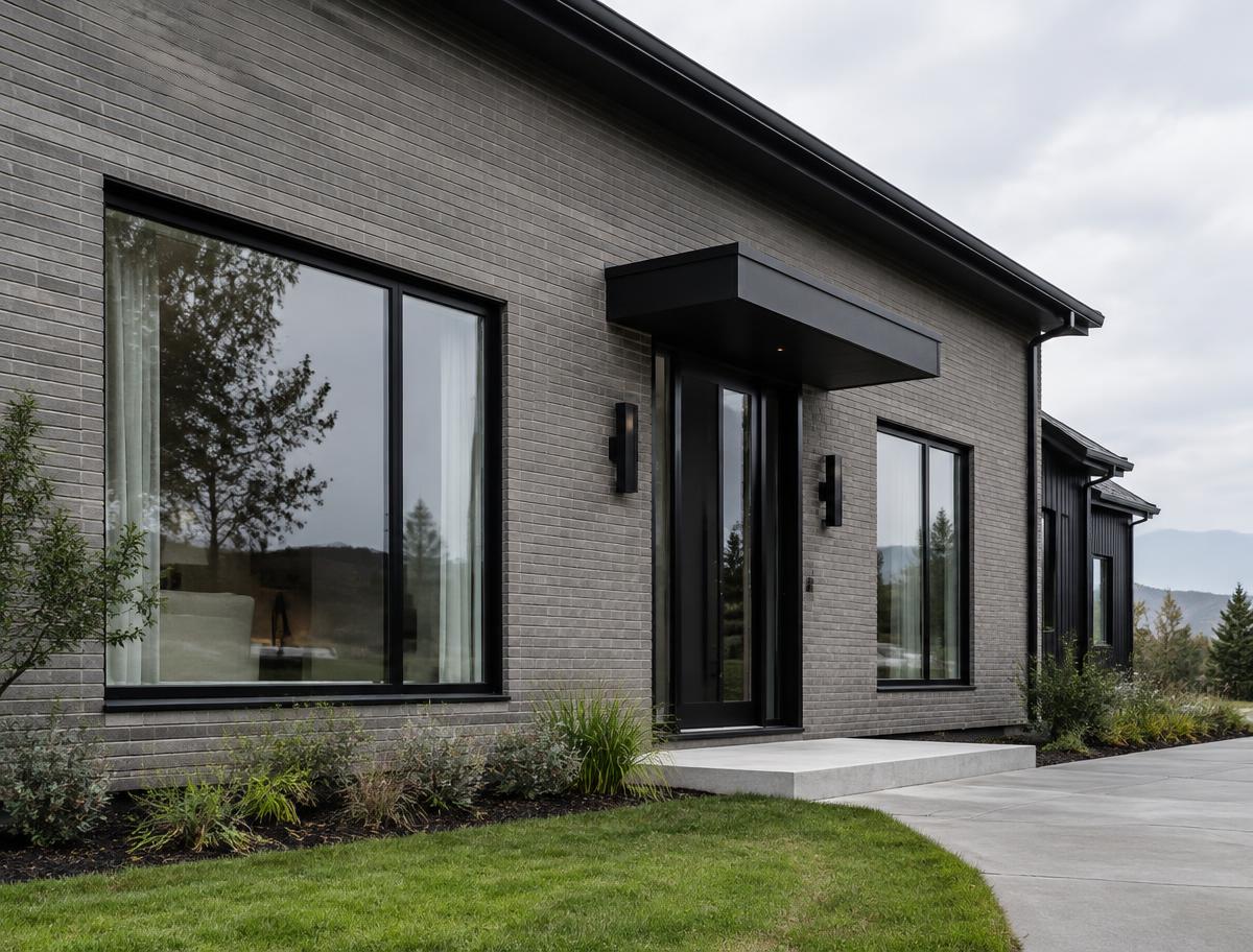 Grey brick home with black aluminum window surrounds and canopy