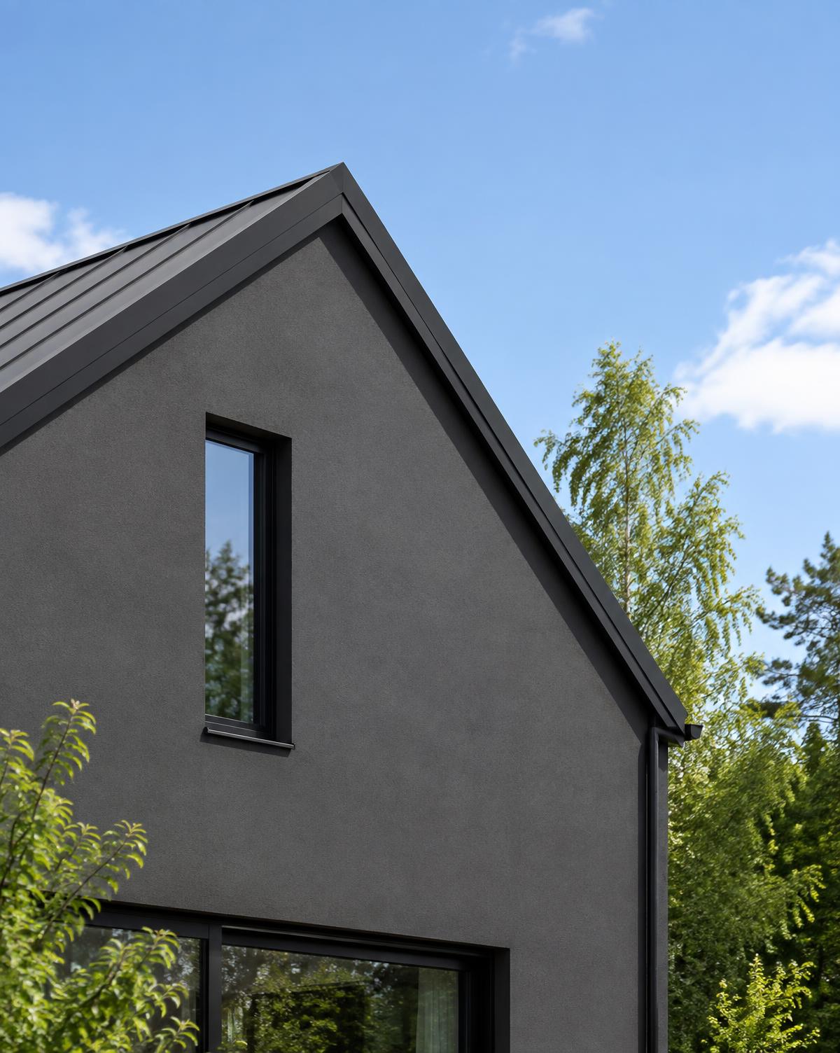 Gable end of a dark grey modern home with black trim